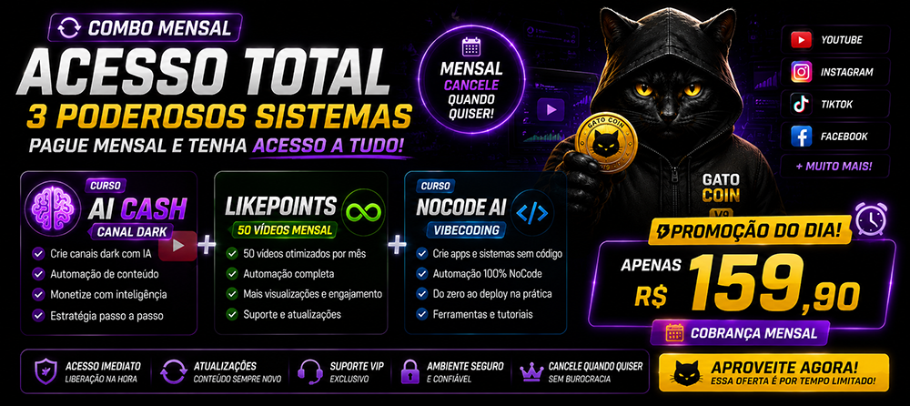           Plano Mensal All inclusive ( todos cursos Ai cash youtube, Nocode ai SAAS, Canal de musicas, Like points tudo liberado ) renova todos os meses com tudo liberado.        